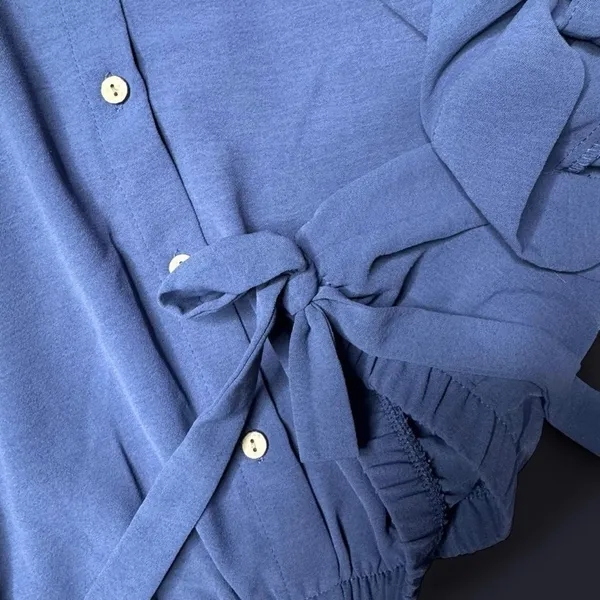 BCX Dusty Blue Button Front Blouse M Coastal Minimalist Preppy - Image 5