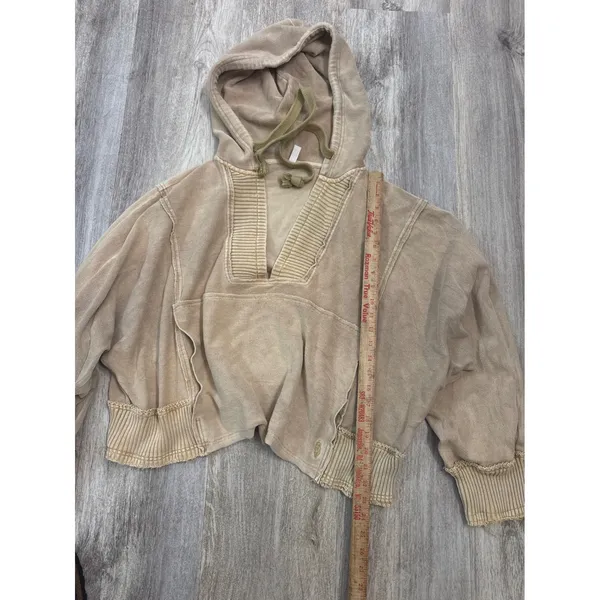 Free People Tikmo Hoodie Tan Acid Wash V-Neck Boxy Pullover Size Medium - Image 6