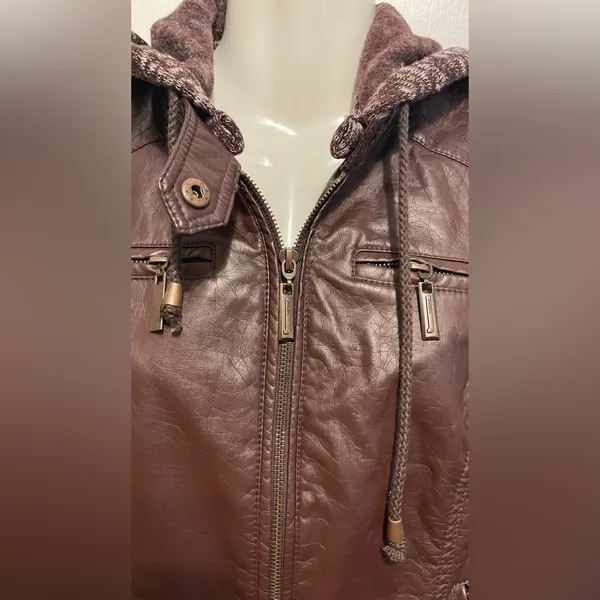 JouJou Juniors Jacket Vegan Faux Leather Knit Hood Motorcycle Jacket Size L - Image 3