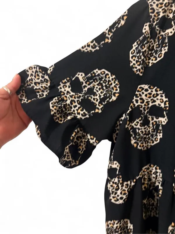 Emory Rose Black Skull-Print V-Neck Babydoll Dress/Top Sz M - Image 6