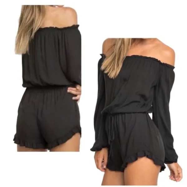 Brandy Melville Black Off The Shoulder Long Sleeve Stretch Ruffle Romper OS - Image 2