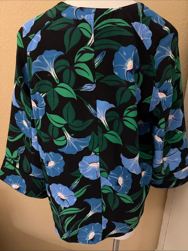 Ann Taylor Black Floral Keyhole Blouse with Blue & Green Motif - Image 6