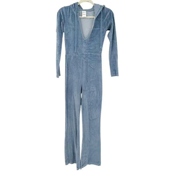 Iets Frans UO Womens Loungewear Kenny Plunge Neck Hooded Velour Jumpsuit XS Blue - Image 3