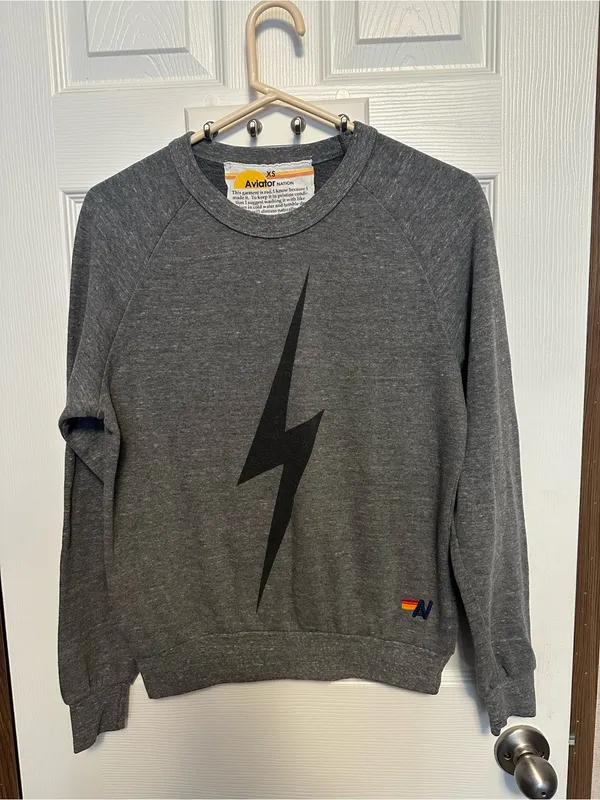 Aviator Nation Gray Off-Shoulder Sweatshirt with Black Lightning Bolt - Image 2