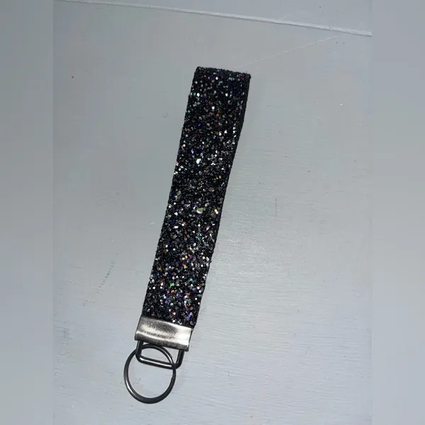 Handmade Black Rainbow Confetti Glitter Canvas Faux Leather Wristlet Keychain - Image 3
