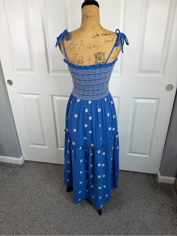 Boutique Sz S Blue Daisy Smocked Tie Strap Tiered Maxi Dress Cottagecore - Image 11