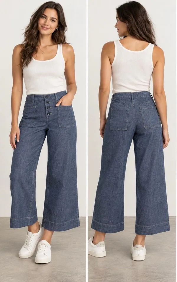 EVEREVE Women’s 29 Blue Chambray Wide Leg Crop Pants Button Fly Patch Pockets - Image 2