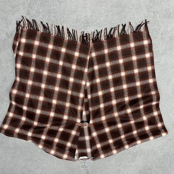 Denim & Co Heritage Plaid Cape Womens M Brown‎ White Fringe Buckle Closure - Image 4