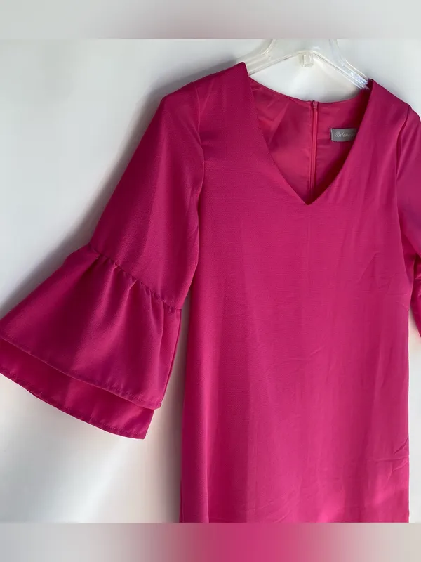 Hot pink mini dress dramatic ruffle long sleeve v-neck party wedding guest L - Image 4