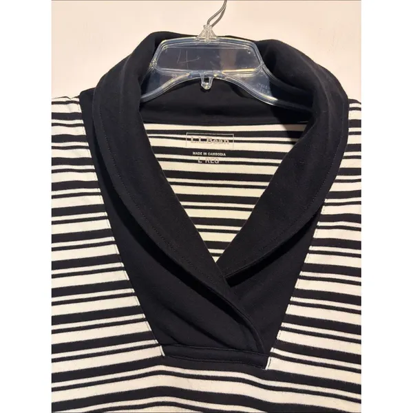 L.L. Bean Black White Striped Collared Pullover‎ Long Sleeve Top Fisherman SZ L - Image 4