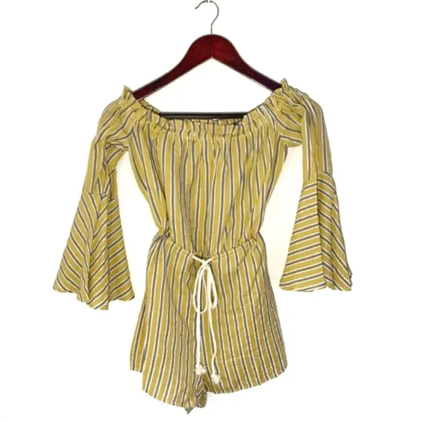 Nasty Gal Yellow Gray Striped Romper Playsuit Bell Sleeves Size 2 XS - Image 6
