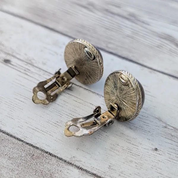 Vintage Clip On Earrings Domed Metallic Brown with Gold Tone Halo - Image 5