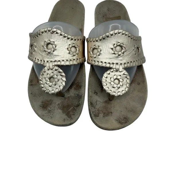 Jack Rogers‎ Jacks Flat Sandals Women 7 Gold Metallic Whipstitch Rondelle Preppy - Image 3