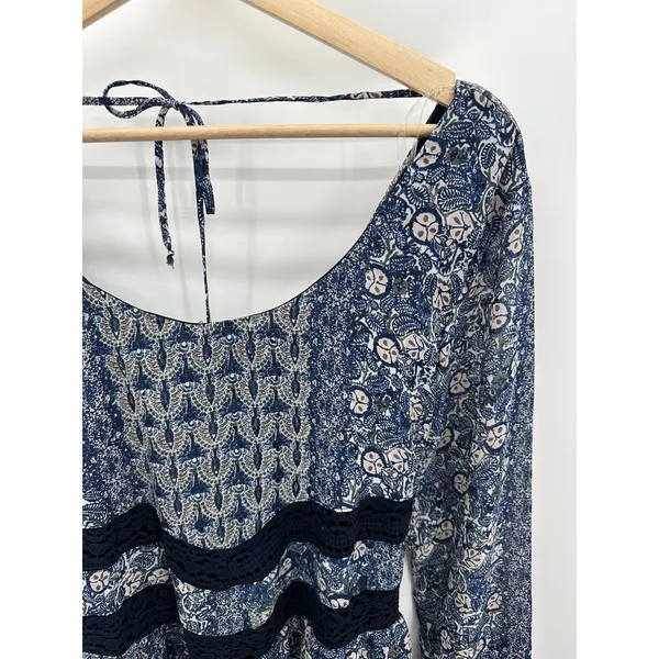 Maurices Dress Women MEDIUM NWT Blue‎ Printed Long Sleeve Tie Back Peasant Mini - Image 4