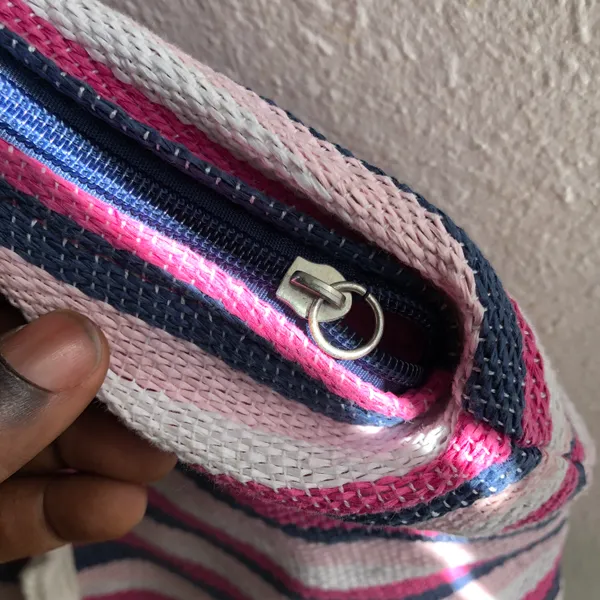 Striped tote bag with white, pink and blue stripes beach bag fully lined. - Image 3