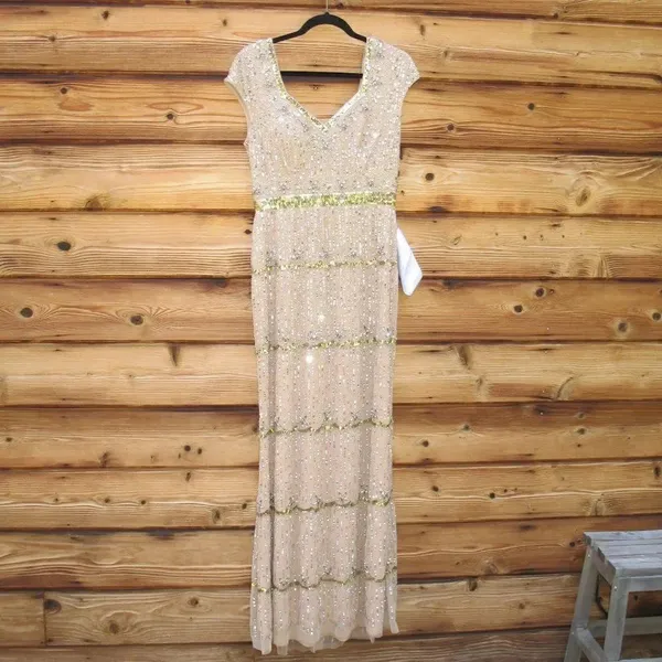 NWT Mac Duggal 9089 Cap Sleeve Embellished Gown Nude 8 - Image 6