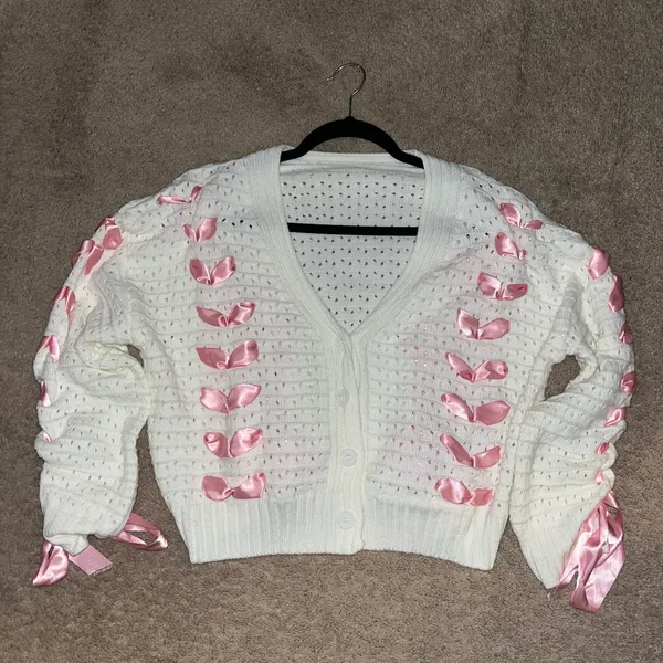 Pink bow winter cardigan White - Image 2