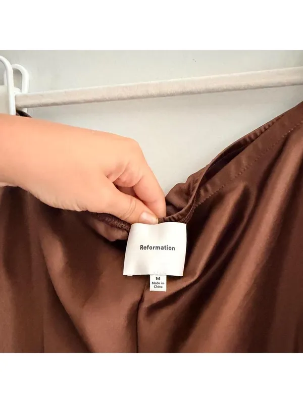 Reformation Gale Satin Mid Rise Bias Pant in Pinecone Brown - Image 3