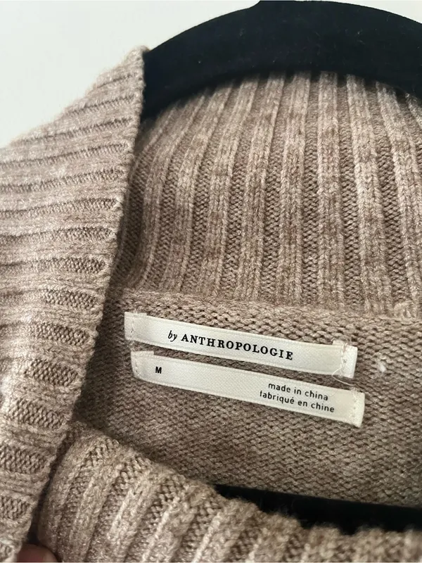 Anthropologie Tan Mock Neck Button Shoulder Tunic Sweater Medium Equestrian Cozy - Image 5