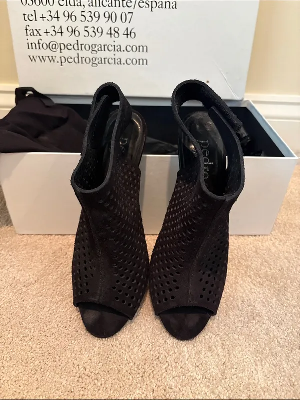 Pedro Garcia Black Perforated Suede Peep-Toe Ankle Boots - Image 2