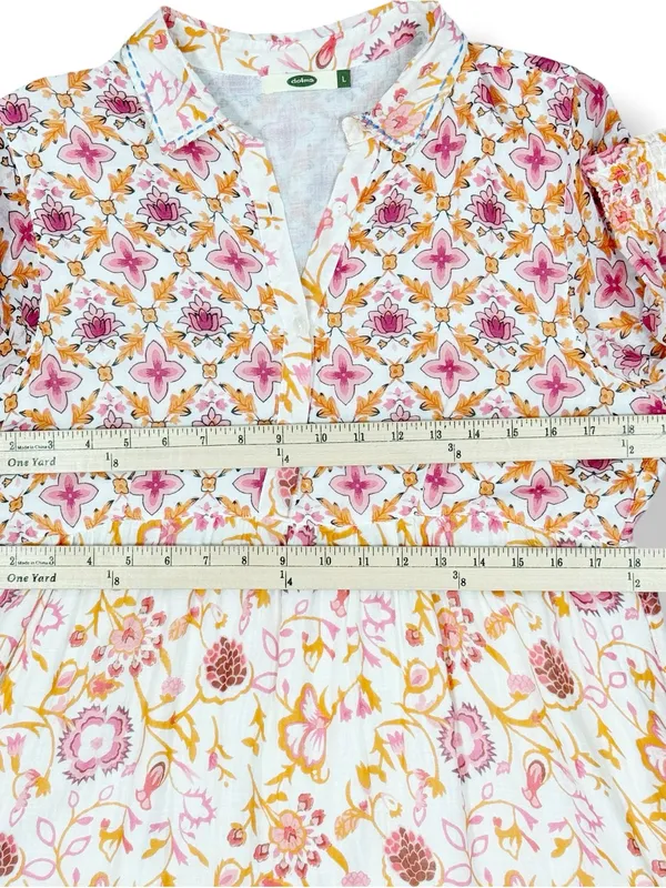 Dolma Kelly Floral Boho Tiered Midi Dress Pink Orange Large Cotton Mosaic - Image 11