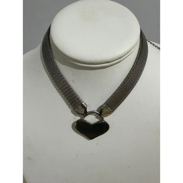 Silver Tone Heart Mesh Chain‎ Necklace Choker Y2K 16" - Image 2
