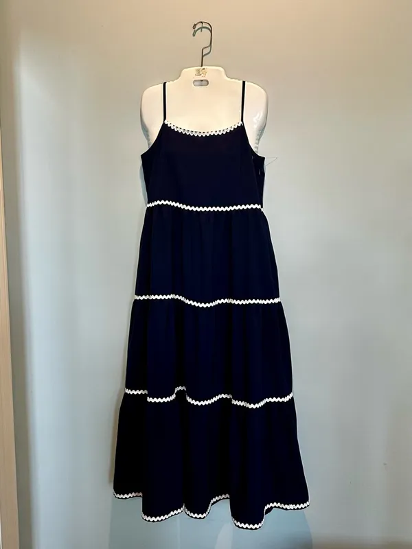 BTFBM Tiered Midi Dress Navy/ White Rick Rack Trim adjustable straps size Small - Image 3