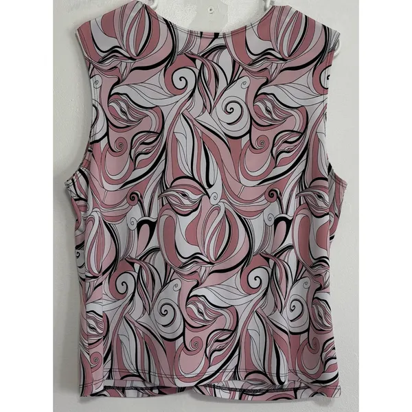 CDW Women's Sleeveless V-Neck Blouse XL Pink Black White Abstract Swirl - Image 2
