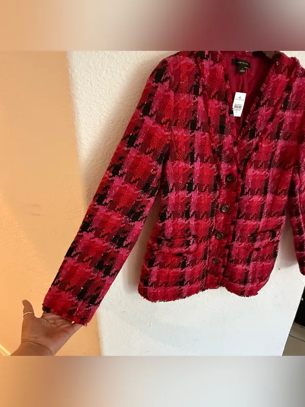 NWT Ann Taylor Womens Blazer Red Pink Tweed Houndstooth Size 4 - Image 5