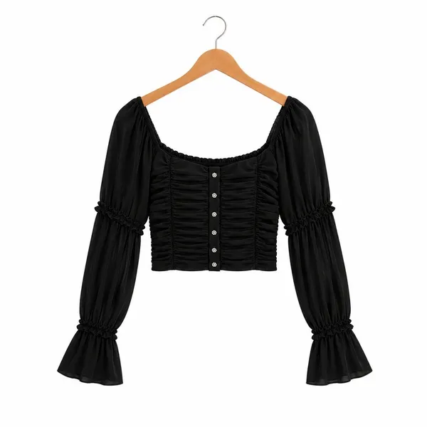 NWT Parisian Dark Romantic Ruched Button Crop Top Black Goth Bell Sleeve Size 8 - Image 3