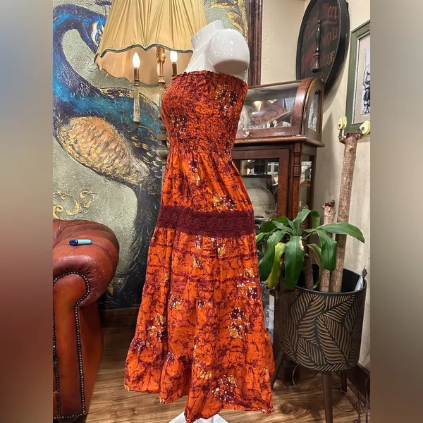 S'Cool Boho Batik Strapless Smocked Maxi Dress Rust Orange Cotton Tiered - Image 4