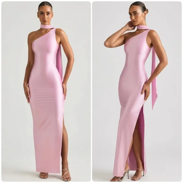 Oh Polly Sheril Asymmetric Scarf-Detail Maxi Dress in Soft Pink Size 4 New - Image 2