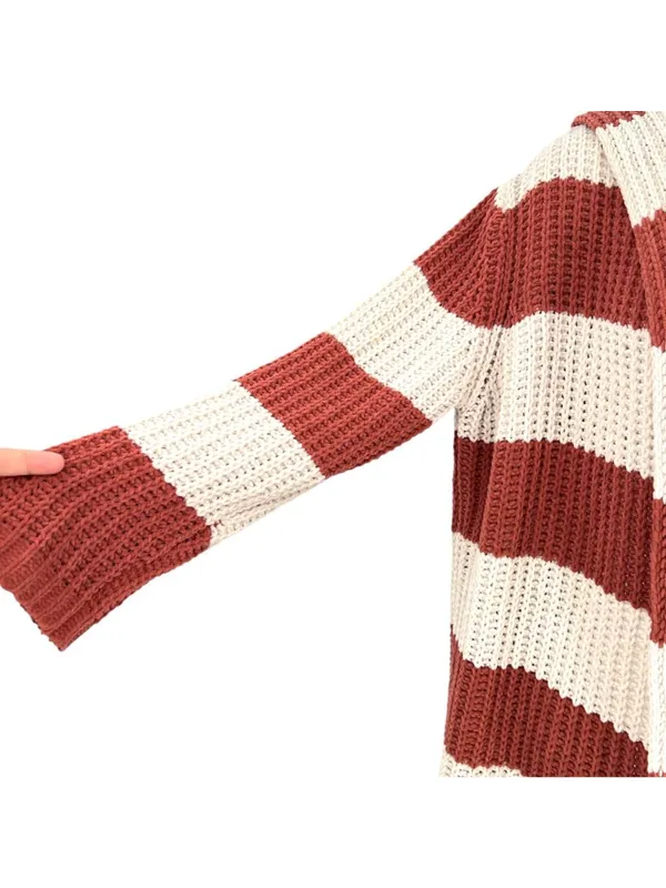 POL Striped Hooded Open Cardigan Sweater Rust Cream Size Small Cozy Boho - Image 3