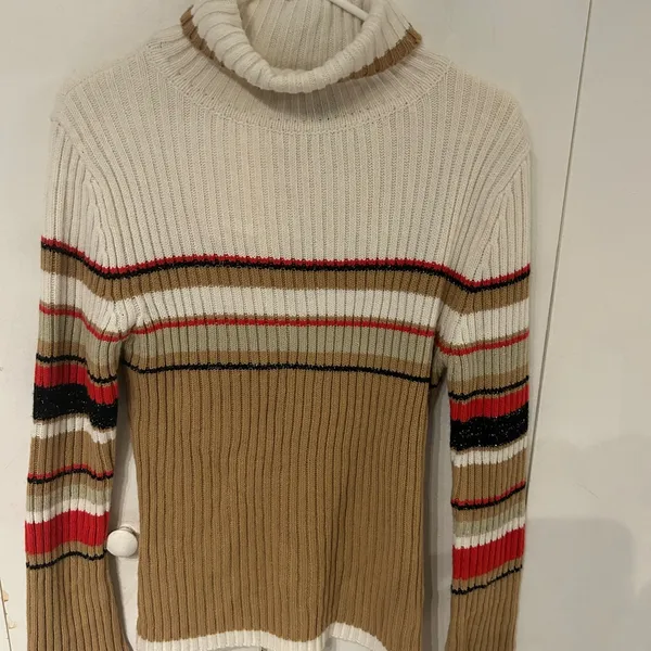 Elegant Striped Turtleneck Sweater - Cream, Tan, Red - Image 2