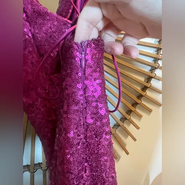 Selfie Leslie Saints & Secrets Miami Nights Cowl Neck Fuchsia Mini Dress Sequins Lace Up Prom - Image 9