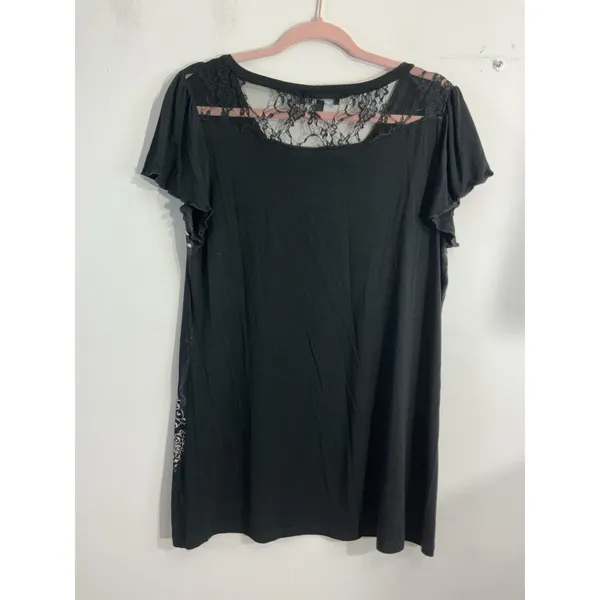 Womans BLEV XL Black White Rhinestone Scoop Neck Short Sleeve Pullover Blouse - Image 2