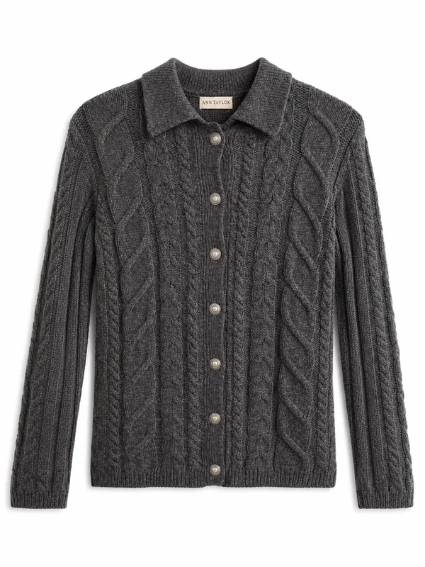 Ann Taylor Womens S 100% Wool Cable Knit Cardigan Sweater Gray Vintage 80/90’s - Image 2