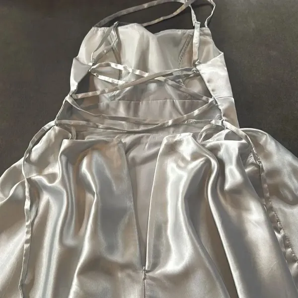 Women’s Silver Satin Short Prom Party Dress Spaghetti Straps Size 6 *READ - Image 13