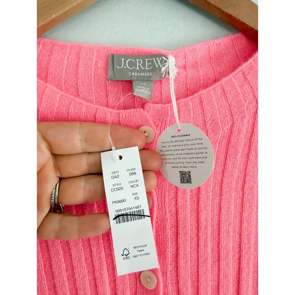 J.Crew | NWT Wide-Rib Cashmere Cardigan in Neon Capri Pink 100% Cashmere | Sz XS - Image 4