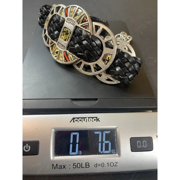 Y2K Chicos Black Braided Leather Chain Belt Enamel Concho Medallion Boho Western - Image 11