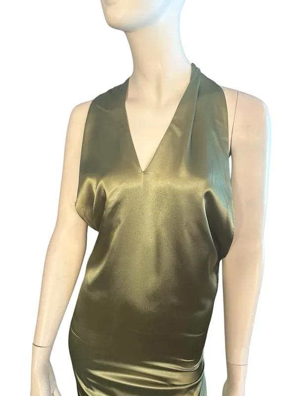Inewer Backless Halter Puddling Floor Length Satin Gown Olive Green Size 8 NWT - Image 2