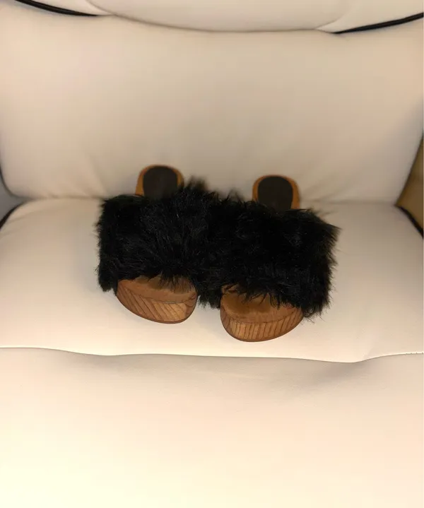 Free People "Sonnet" clogs, characterized by their wooden sole and black synthetic leather details. Size 7 - Image 4
