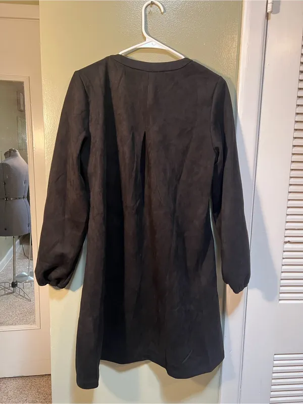 Womens Sz Large Faux Suede Dress Long Sleeve Black V-Neck Pockets Thicker Weight - Image 6