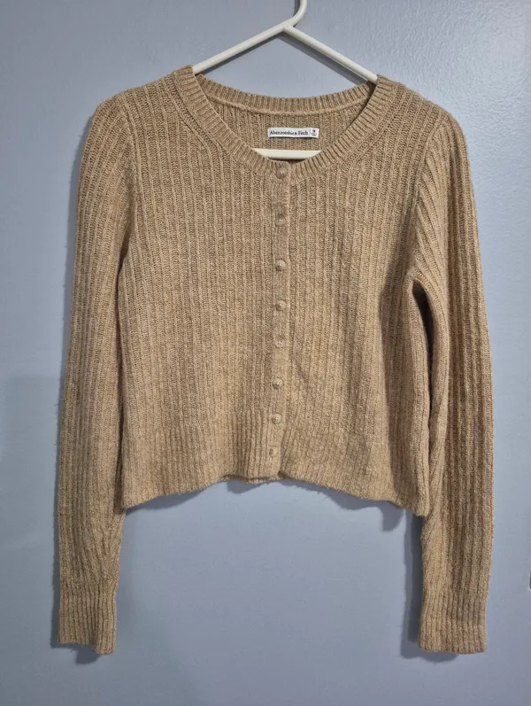 Abercrombie & Fitch Camel Ribbed Button-Front Cropped Cardigan Medium - Image 2