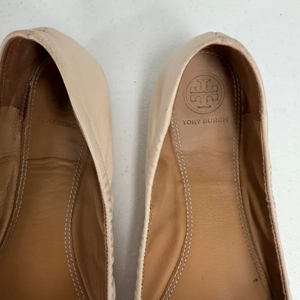 Tory Burch Minnie Womens 8.5 Cap Toe Logo Beige Gold Ballet Flat Slip On Shoe - Image 6