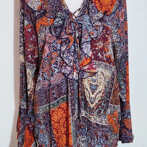 New Directions Multicolor Paisley Boho Blouse with Ruffle Accent Size Large Boho - Image 2