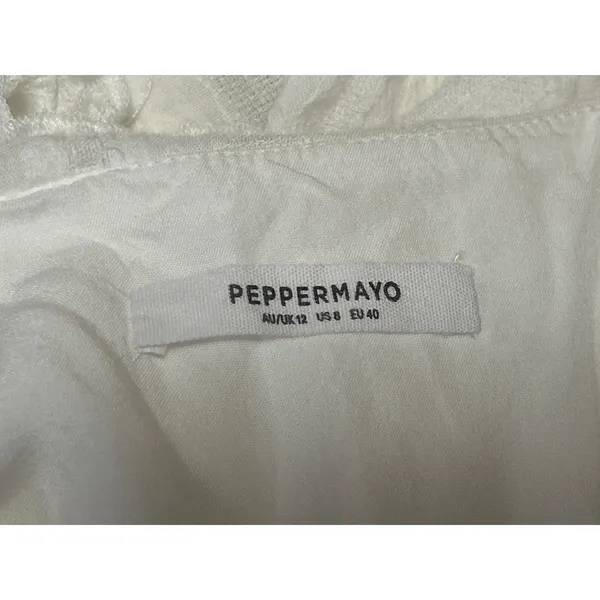 Peppermayo White Long Sleeve Tie Knot Collared Ruffle Peplum Blouse Top Size 8 - Image 3