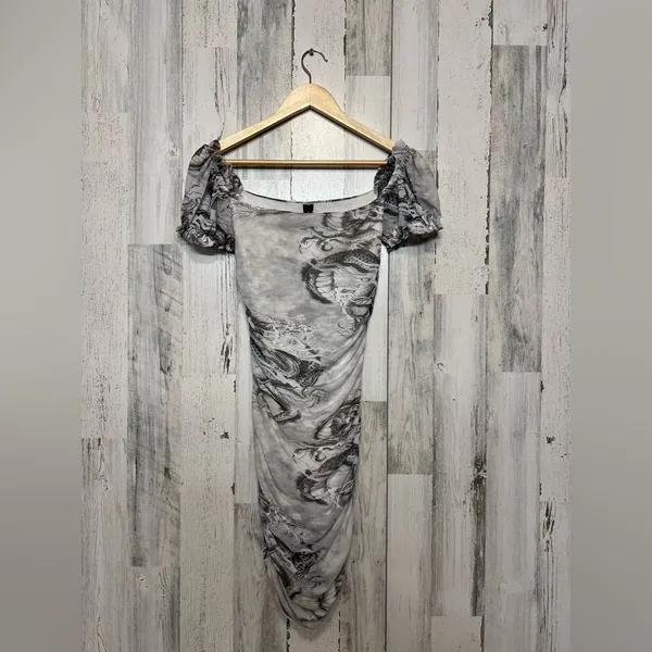 AKIRA Women’s Small Gray Dragon Print Mesh Mini Dress Puff Sleeve Ruched Bodycon - Image 6