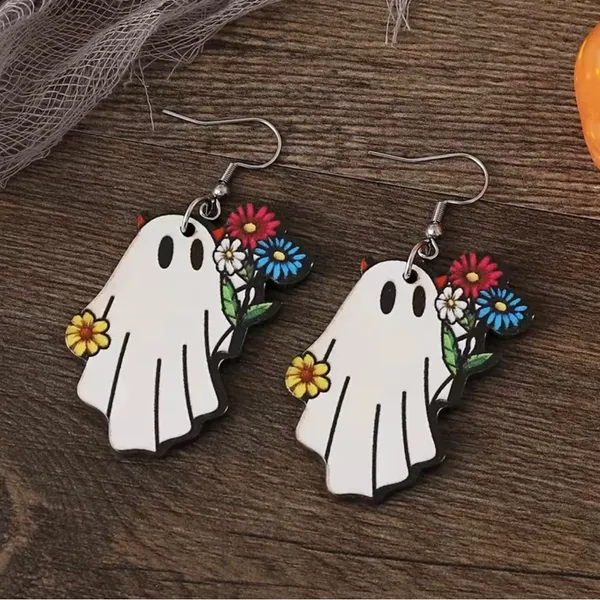 White Ghost Colorful Flower Design‎ Dangle Halloween Earrings Wooden Jewelry - Image 9