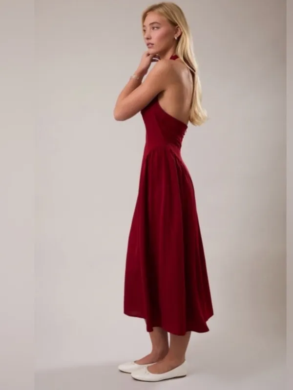 NEW Le Lis Burgundy Halter Midi Dress with Lace Trim – Medium - Image 4